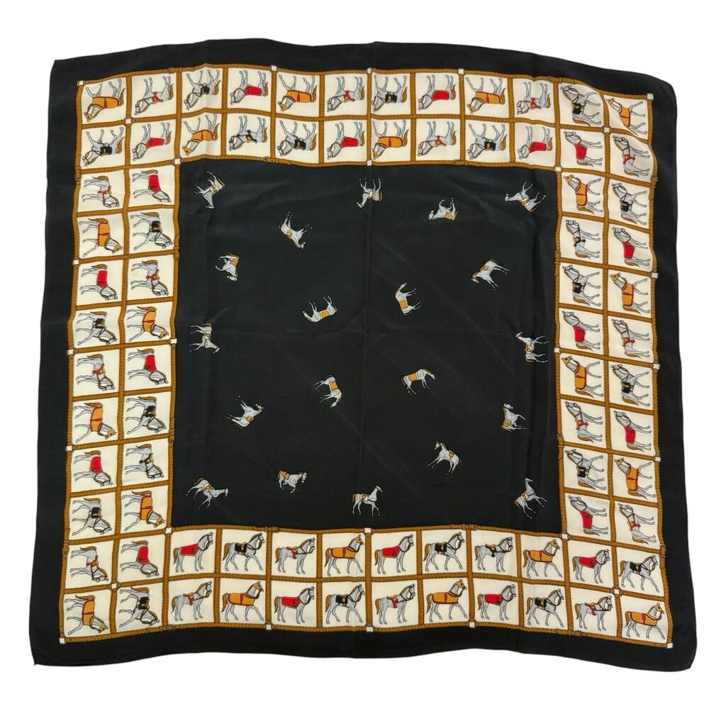 Golden Camel 100% Silk Hand Rolled Hem Scarf 30.5” Equestrian Race Horse Black